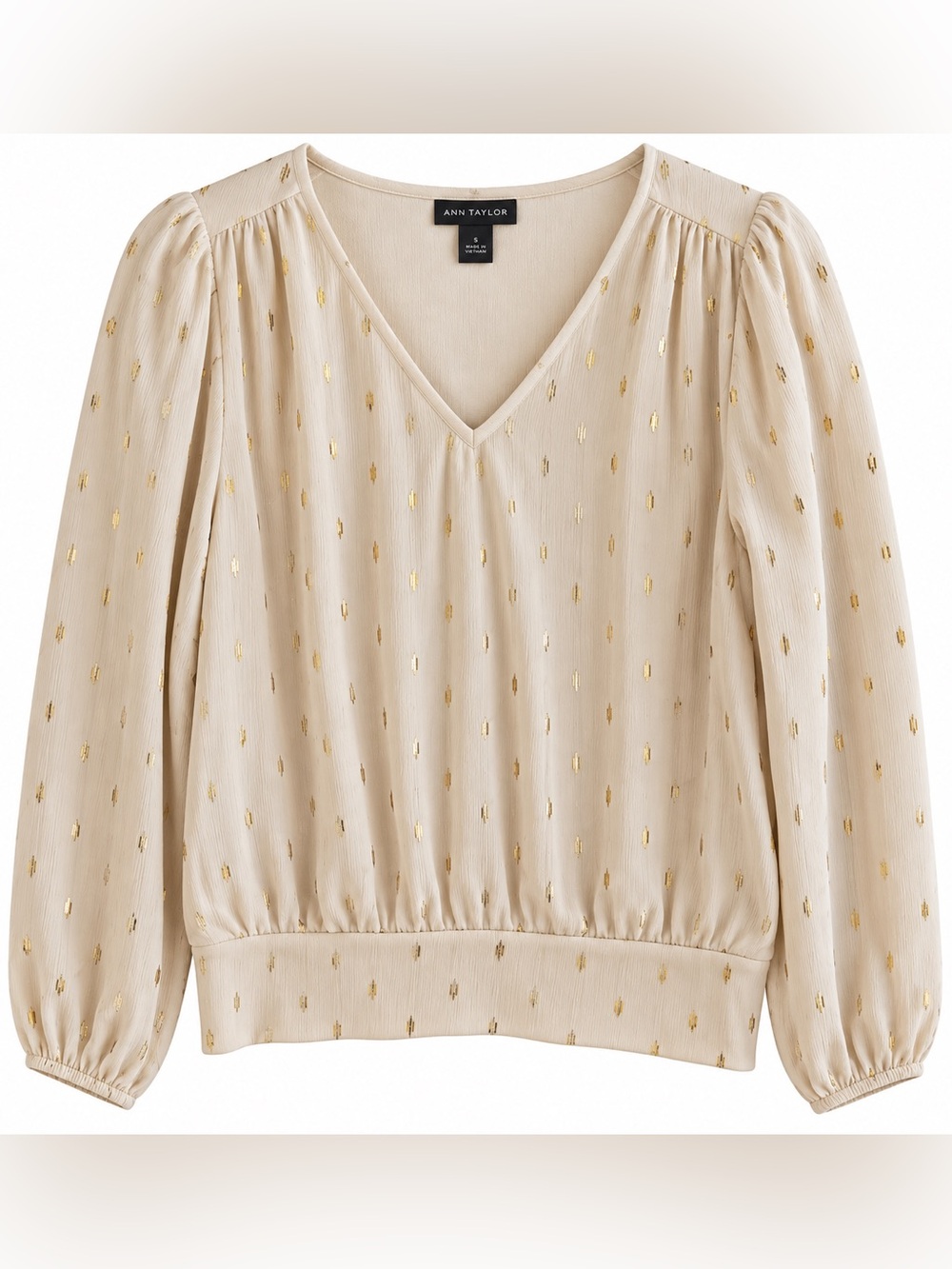 Ann Taylor Factory White Gold Foil Diamond Blouse V-Neck Sz S